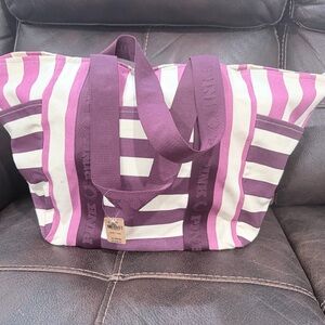Striped Canvas Tote Bag in Purple and Cream